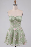 Verde sálvia Bordado floral A-Line Corset sem alças Vestido Curto de Regresso a Casa