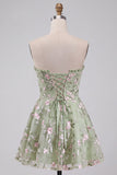 Verde sálvia Bordado floral A-Line Corset sem alças Vestido Curto de Regresso a Casa