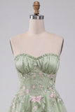 Verde sálvia Bordado floral A-Line Corset sem alças Vestido Curto de Regresso a Casa