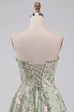 Verde sálvia Bordado floral A-Line Corset sem alças Vestido Curto de Regresso a Casa