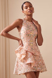 Vestido Curto de Regresso a Casa Curto Floral, Bordado em Linha A, com folhos e folhos