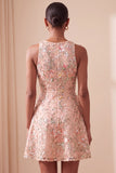 Vestido Curto de Regresso a Casa Curto Floral, Bordado em Linha A, com folhos e folhos