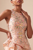 Vestido Curto de Regresso a Casa Curto Floral, Bordado em Linha A, com folhos e folhos