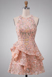 Vestido Curto de Regresso a Casa Curto Floral, Bordado em Linha A, com folhos e folhos