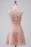 Vestido Curto de Regresso a Casa Curto Floral, Bordado em Linha A, com folhos e folhos
