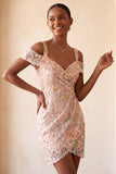 Blush Bodycon Blush Vestido Curto Floral de Ombro Frio Floral de Regresso a Casa com Bordados