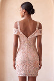 Blush Bodycon Blush Vestido Curto Floral de Ombro Frio Floral de Regresso a Casa com Bordados