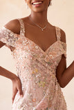 Blush Bodycon Blush Vestido Curto Floral de Ombro Frio Floral de Regresso a Casa com Bordados