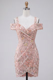Blush Bodycon Blush Vestido Curto Floral de Ombro Frio Floral de Regresso a Casa com Bordados