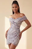 Vestido curto de regresso ao lar com lantejoulas glamour lilasás bodycon com ombros descobertos