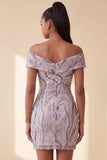 Vestido curto de regresso ao lar com lantejoulas glamour lilasás bodycon com ombros descobertos