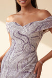 Vestido curto de regresso ao lar com lantejoulas glamour lilasás bodycon com ombros descobertos