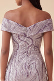Vestido curto de regresso ao lar com lantejoulas glamour lilasás bodycon com ombros descobertos