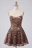 Vestido Mini de Regresso a Casa Glam Leopardo Leopardo Com Lantejoulas, Corte Sem Alças & Abertura