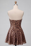 Vestido Mini de Regresso a Casa Glam Leopardo Leopardo Com Lantejoulas, Corte Sem Alças & Abertura