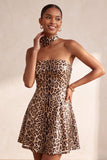 Vestido curto de regresso a casa sem alças com padrão de leopardo brilhante e lantejoulas, com gargantilha roseta