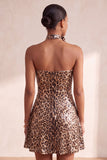 Vestido curto de regresso a casa sem alças com padrão de leopardo brilhante e lantejoulas, com gargantilha roseta