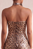 Vestido curto de regresso a casa sem alças com padrão de leopardo brilhante e lantejoulas, com gargantilha roseta