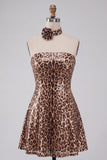 Vestido curto de regresso a casa sem alças com padrão de leopardo brilhante e lantejoulas, com gargantilha roseta