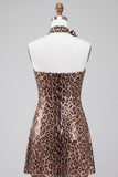 Vestido curto de regresso a casa sem alças com padrão de leopardo brilhante e lantejoulas, com gargantilha roseta