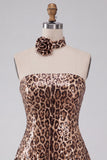 Vestido curto de regresso a casa sem alças com padrão de leopardo brilhante e lantejoulas, com gargantilha roseta