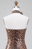 Vestido curto de regresso a casa sem alças com padrão de leopardo brilhante e lantejoulas, com gargantilha roseta