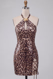Vestido Mini de Regresso a Casa Bodycon Bodycon Estampado de Leopardo com Cordões