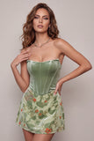 Vestido curto de regresso a casa, corset de sálvia e veludo sem alças, corset de sálvia