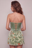 Vestido curto de regresso a casa, corset de sálvia e veludo sem alças, corset de sálvia
