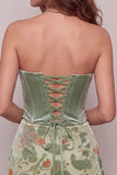 Vestido curto de regresso a casa, corset de sálvia e veludo sem alças, corset de sálvia