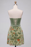 Vestido curto de regresso a casa, corset de sálvia e veludo sem alças, corset de sálvia
