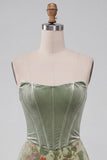 Vestido curto de regresso a casa, corset de sálvia e veludo sem alças, corset de sálvia