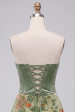 Vestido curto de regresso a casa, corset de sálvia e veludo sem alças, corset de sálvia