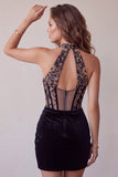Vestido curto de regresso a casa, vestido curto de finalistas com espartilho preto, veludo com decote profundo em V, com bordado