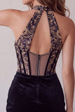 Vestido curto de regresso a casa, vestido curto de finalistas com espartilho preto, veludo com decote profundo em V, com bordado