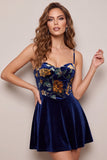 Vestido Curto de Finalistas de Finalistas em Veludo A-Line Espartilho A-Line Azul