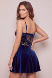 Vestido Curto de Finalistas de Finalistas em Veludo A-Line Espartilho A-Line Azul