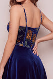Vestido Curto de Finalistas de Finalistas em Veludo A-Line Espartilho A-Line Azul