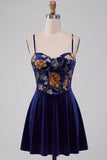 Vestido Curto de Finalistas de Finalistas em Veludo A-Line Espartilho A-Line Azul