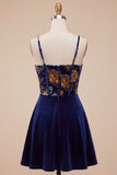 Vestido Curto de Finalistas de Finalistas em Veludo A-Line Espartilho A-Line Azul