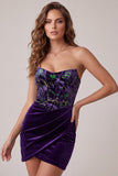 Espartilho Ameixa Vestido Curto de Regresso ao Casa, Corset de Veludo Sem Alças, Bodycon Compacto