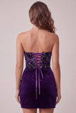 Espartilho Ameixa Vestido Curto de Regresso ao Casa, Corset de Veludo Sem Alças, Bodycon Compacto