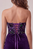 Espartilho Ameixa Vestido Curto de Regresso ao Casa, Corset de Veludo Sem Alças, Bodycon Compacto