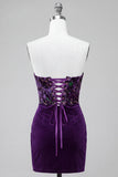 Espartilho Ameixa Vestido Curto de Regresso ao Casa, Corset de Veludo Sem Alças, Bodycon Compacto