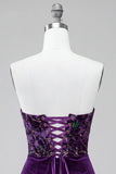 Espartilho Ameixa Vestido Curto de Regresso ao Casa, Corset de Veludo Sem Alças, Bodycon Compacto