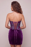 Espartilho de veludo roxo Bodycon Vestido Curto de Regresso a Casa Floral Franzido sem alças
