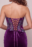 Espartilho de veludo roxo Bodycon Vestido Curto de Regresso a Casa Floral Franzido sem alças