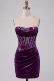 Espartilho de veludo roxo Bodycon Vestido Curto de Regresso a Casa Floral Franzido sem alças