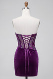 Espartilho de veludo roxo Bodycon Vestido Curto de Regresso a Casa Floral Franzido sem alças