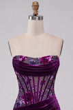 Espartilho de veludo roxo Bodycon Vestido Curto de Regresso a Casa Floral Franzido sem alças